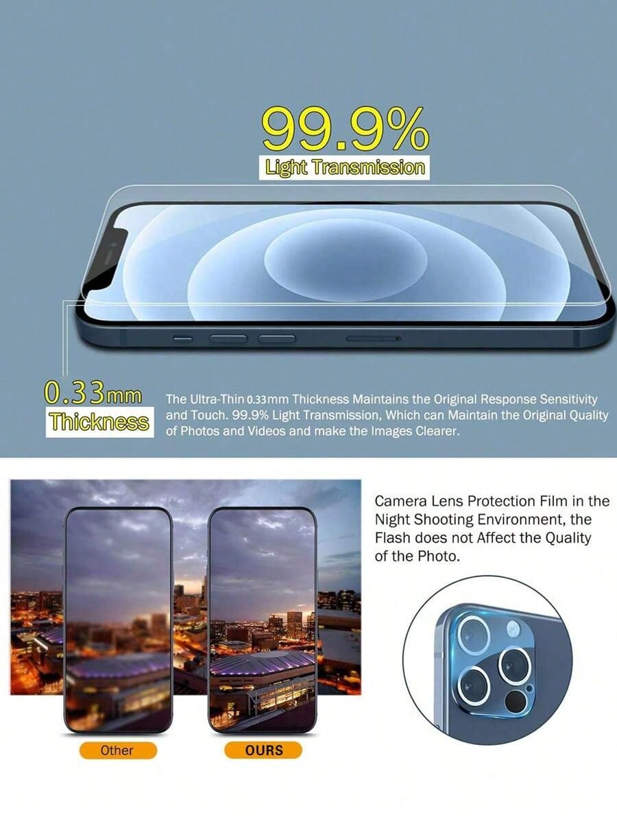 Lot de 3 protections d'écran + 2 protections d'objectif pour iPhone 17/16e/12 Pro Max 6,7 pouces, ultra-transparentes, dureté 9H, anti-rayures, installation facile - Compatibles avec les coques de téléphone